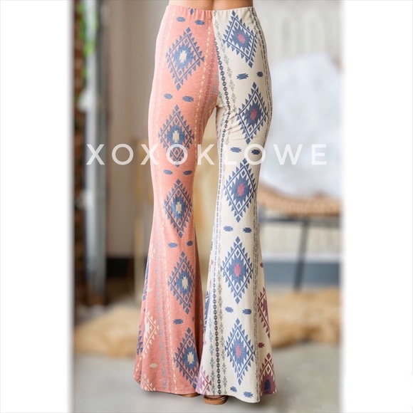 Aztec Print Half & Half Bell Bottom Flares High Waist Slim Fit - Picture 13 of 15